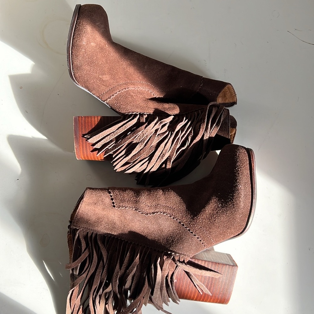 Jeffrey Campbell western style heeled fringe suede leather ankle boots - Picture 3 of 6